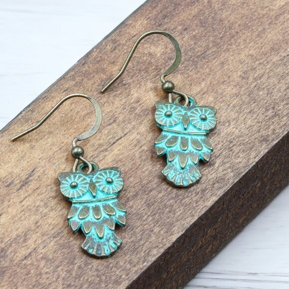 Patina Owl Drop Earrings - Picture 5 of 5